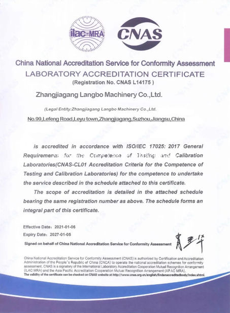 Porcelana Zhangjiagang Langbo Machinery Co. Ltd. certificaciones