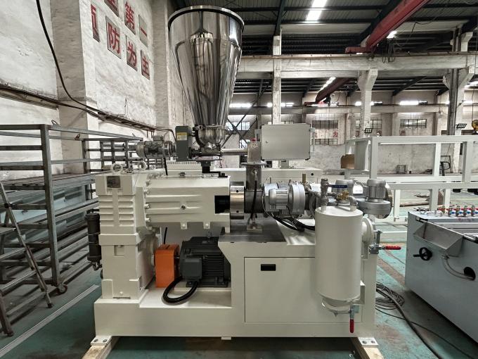 Conical Twin Screw Extruder The screws are specifically designed and manufactured for the processing of dry pvc powder blend. Our conical twin screw extruder design cater to the raw materials feature ensuring homogeneous mixture, better plastification and conveying efficiency. The permanent magnet synchronous motor provide high energy efficiency for the extruder. Equipped with PLC control system, it realized controlling the whole production line in the one site.